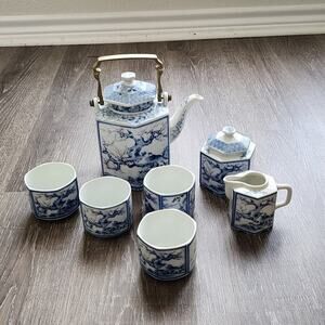 Dolphin China Dynasty Blue Cherry Tree Tea Set Teapot cream sugar 4 cups‎
